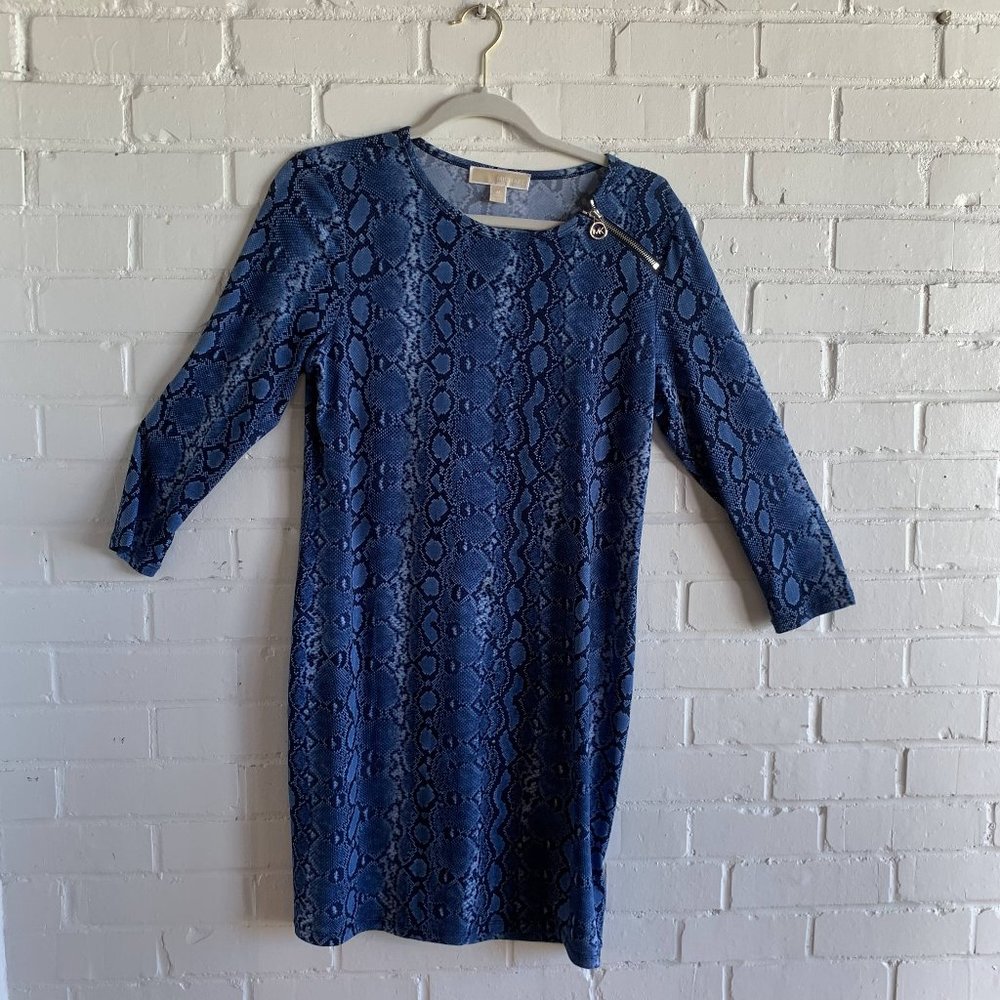 Michael Kors Women's Blue Long Sleeve Snakeskin Pattern Mini Dress Size Medium